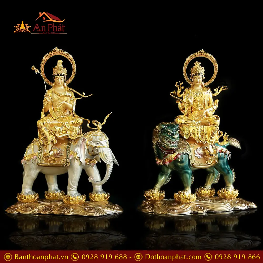 Tượng Văn Thù Phổ Hiền Bồ Tát Đồng Dát Vàng Cao Cấp Ngồi Linh Thú T2731
