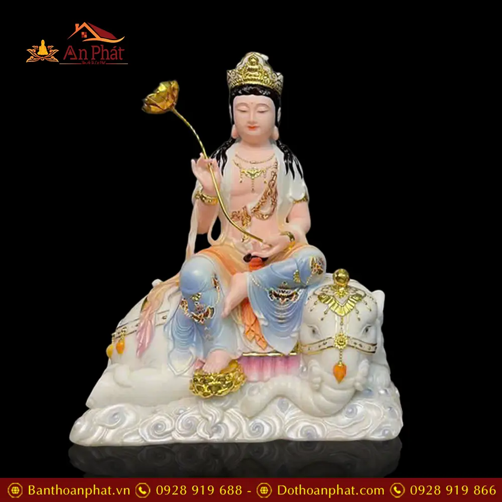 Bộ Tượng Văn Thù Phổ Hiền Bồ Tát Bột Đá Sơn Màu Cao Cấp T2741