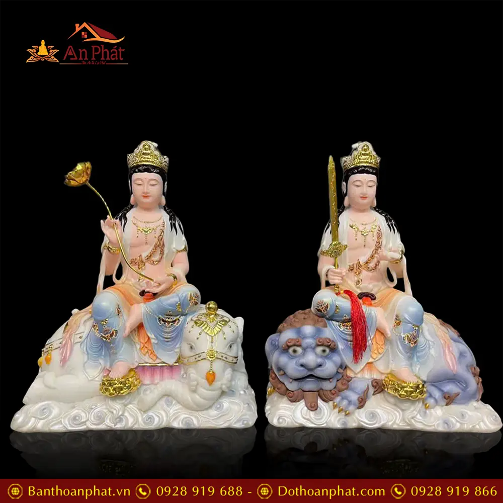 Bộ Tượng Văn Thù Phổ Hiền Bồ Tát Bột Đá Sơn Màu Cao Cấp T2741