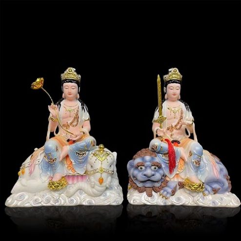 Bộ Tượng Văn Thù Phổ Hiền Bồ Tát Bột Đá Sơn Màu Cao Cấp T2741