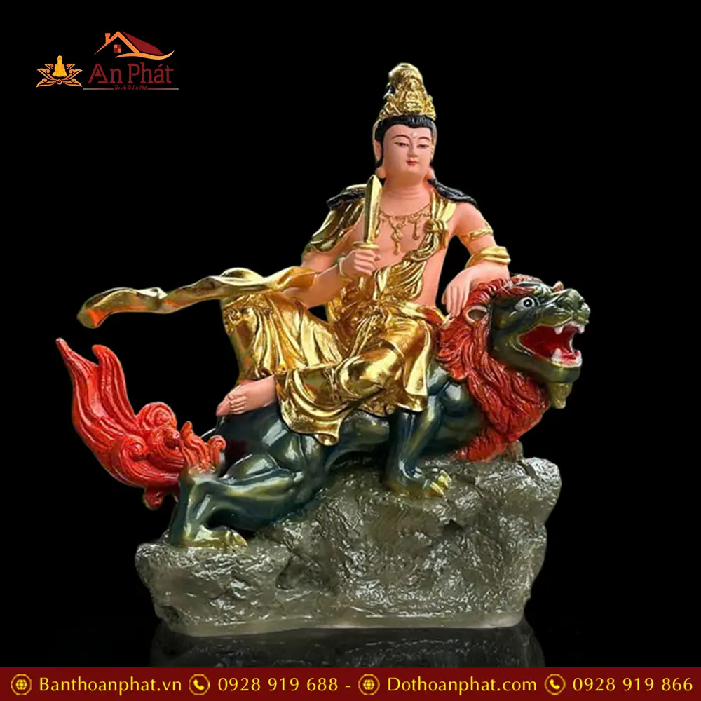 Bộ Tượng Văn Thù Phổ Hiền Bồ Tát Composite Dát Vàng Cưỡi Linh Thú T2737