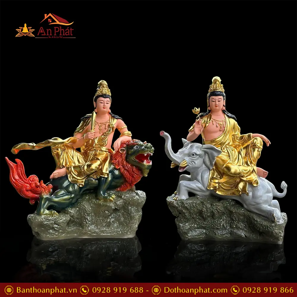 Bộ Tượng Văn Thù Phổ Hiền Bồ Tát Composite Dát Vàng Cưỡi Linh Thú T2737