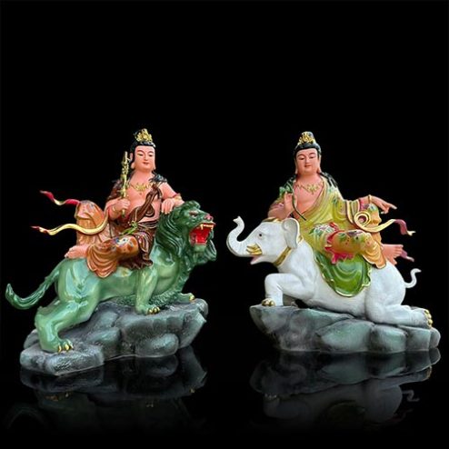 Bộ Tượng Văn Thù Phổ Hiền Bồ Tát Composite Sơn Màu Nhập Khẩu T2738