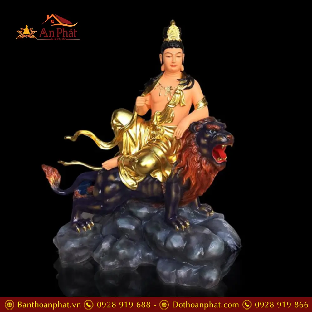 Bộ Tượng Văn Thù Phổ Hiền Bồ Tát Cưới Linh Thú Composite Dát Vàng Nhập Khẩu T2736
