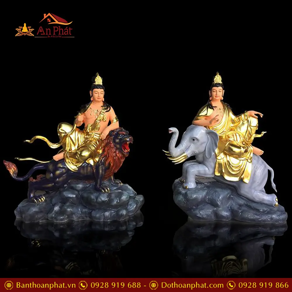Bộ Tượng Văn Thù Phổ Hiền Bồ Tát Cưới Linh Thú Composite Dát Vàng Nhập Khẩu T2736