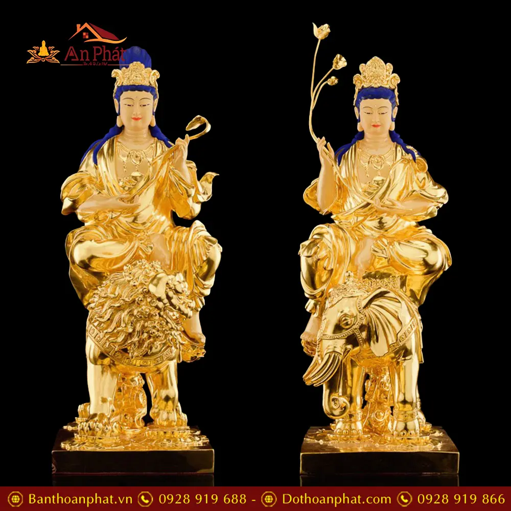 Bộ Tương Văn Thù Phổ Hiền Bồ Tát Đồng Cao Cấp Dát Vàng Nhập Khẩu T2739