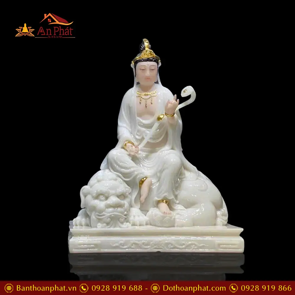 Bộ Tượng Văn Thù Phổ Hiền Bồ Tát Ngồi Bột Đá Trắng Nhập Khẩu T2742