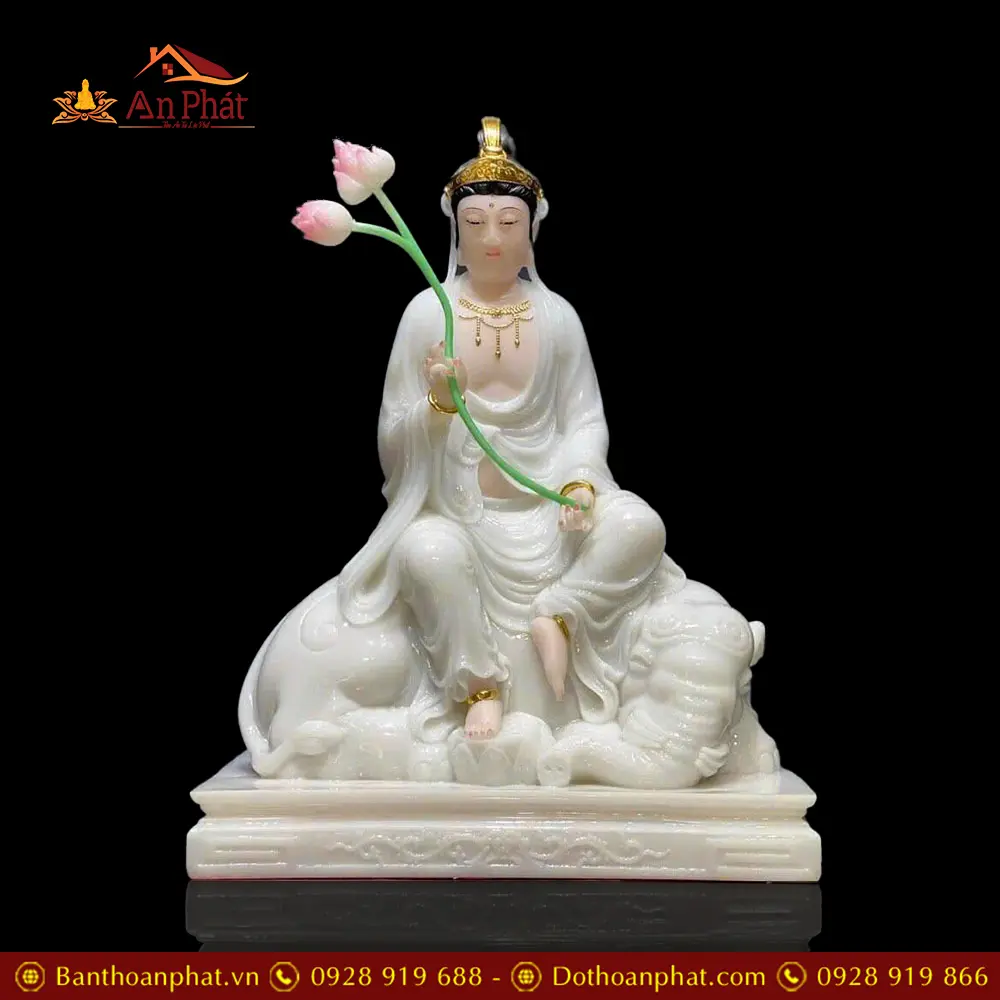 Bộ Tượng Văn Thù Phổ Hiền Bồ Tát Ngồi Bột Đá Trắng Nhập Khẩu T2742