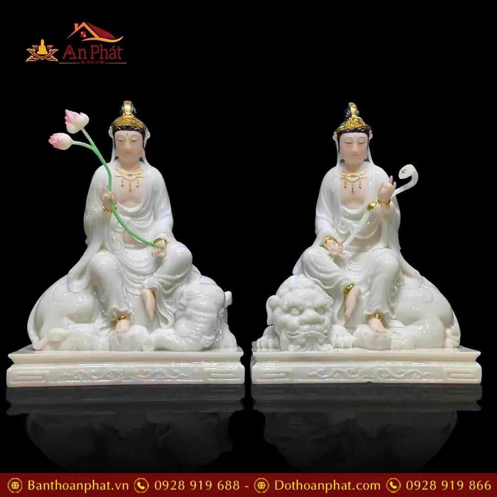 Bộ Tượng Văn Thù Phổ Hiền Bồ Tát Ngồi Bột Đá Trắng Nhập Khẩu T2742