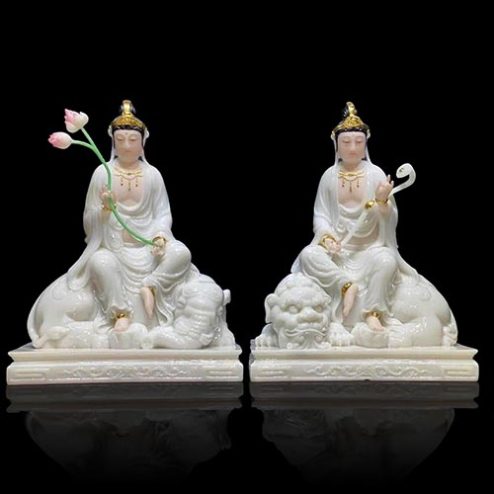 Bộ Tượng Văn Thù Phổ Hiền Bồ Tát Ngồi Bột Đá Trắng Nhập Khẩu T2742