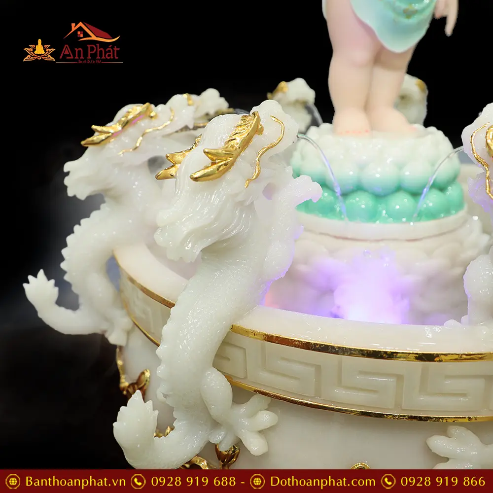 Chậu Tắm Phật Bột Đá Cửu Long Thạch Trắng Ngọc Viền Vàng T2753