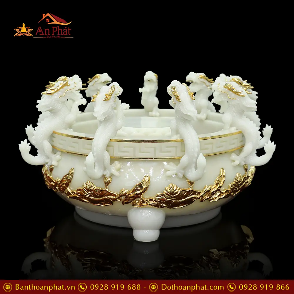 Chậu Tắm Phật Bột Đá Cửu Long Thạch Trắng Ngọc Viền Vàng T2753