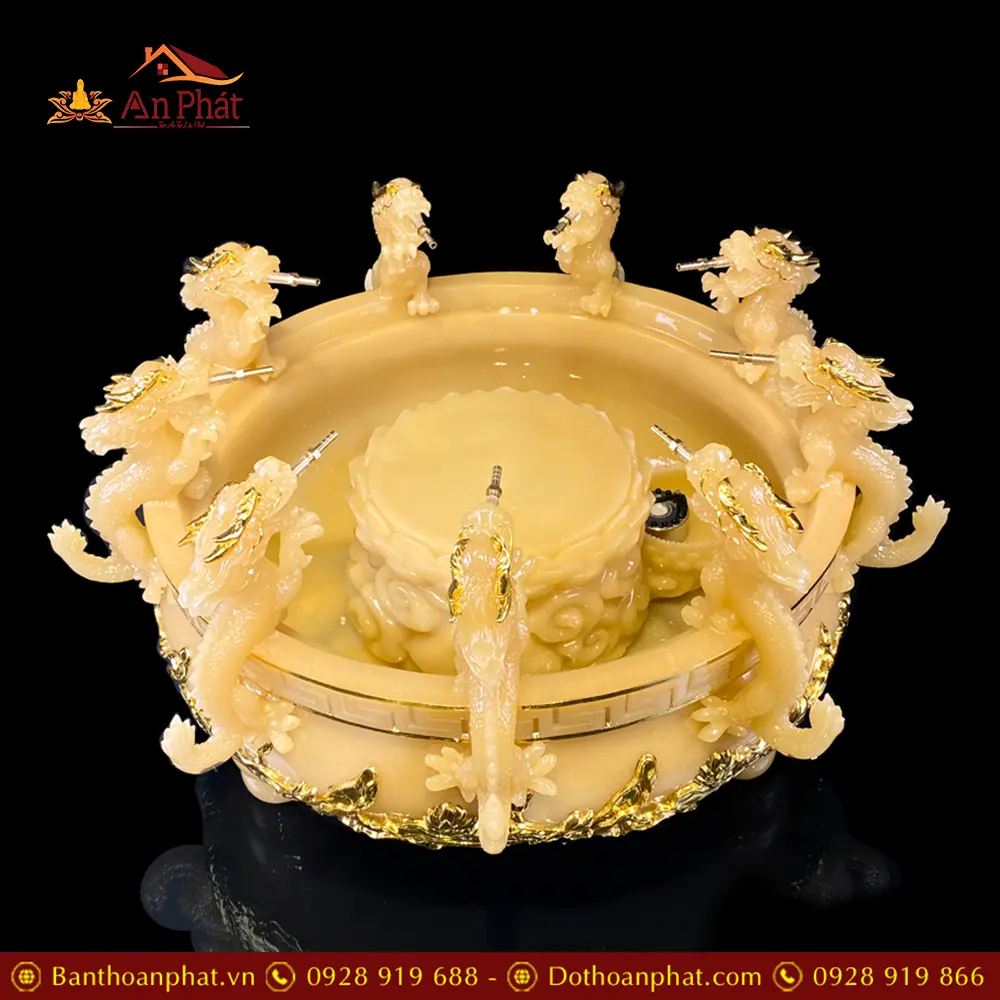 Chậu Tắm Phật Bột Đá Thạch Anh Cửu Long Viền Vàng Cao Cấp T2754