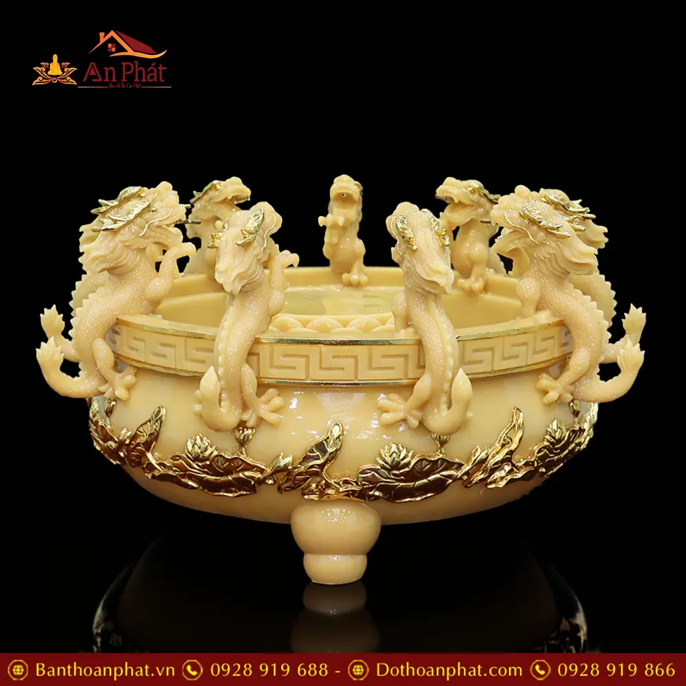 Chậu Tắm Phật Bột Đá Thạch Anh Cửu Long Viền Vàng Cao Cấp T2754