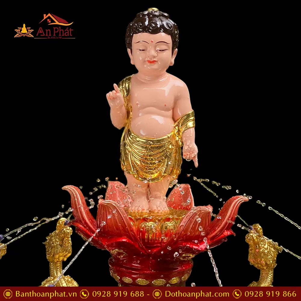 Chậu Tắm Phật Cửu Long Đỏ Composite Kèm Tượng Đản Sanh Nhập Khẩu T2757
