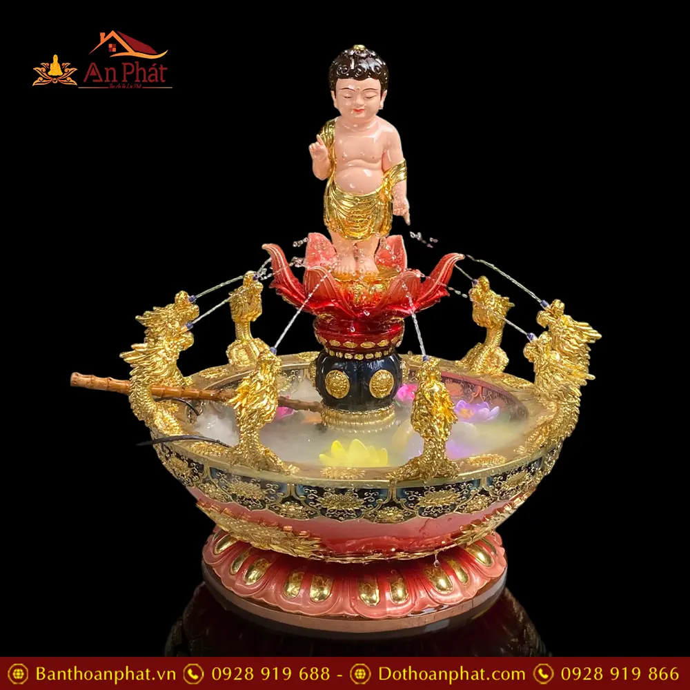 Chậu Tắm Phật Cửu Long Đỏ Composite Kèm Tượng Đản Sanh Nhập Khẩu T2757