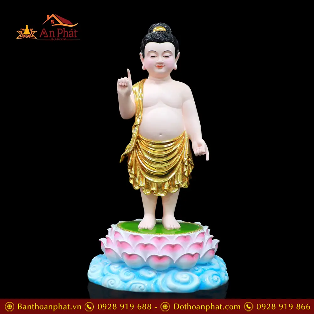 Tượng Phật Đản Sanh Compposite Dát Vàng Mẫu Liên Hoa T2744