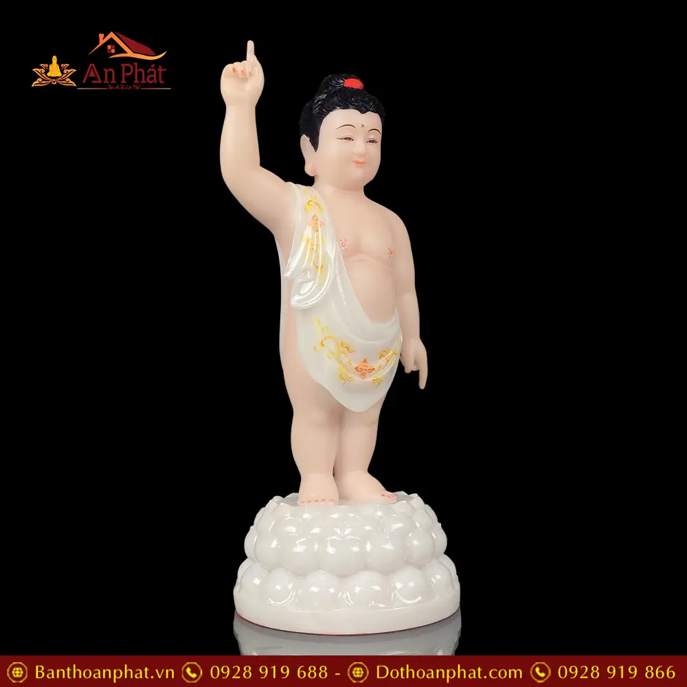 Tượng Phật Đản Sinh Bột Đá Trắng Viền Hoa Cao Cấp T2751