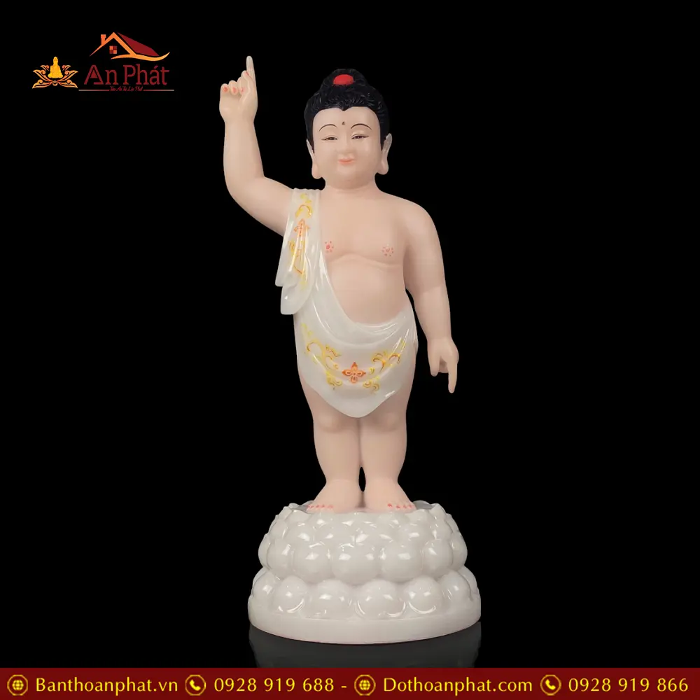 Tượng Phật Đản Sinh Bột Đá Trắng Viền Hoa Cao Cấp T2751