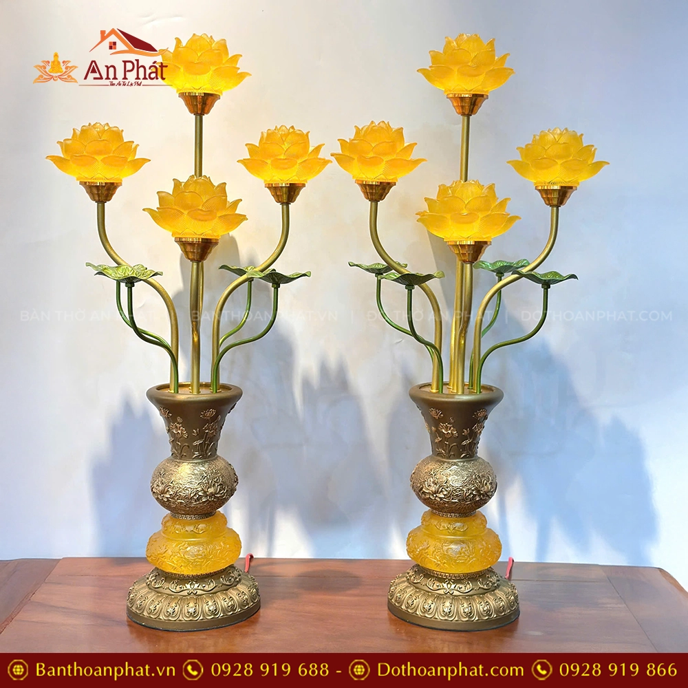Đèn thờ hoa sen lưu ly 5 bông