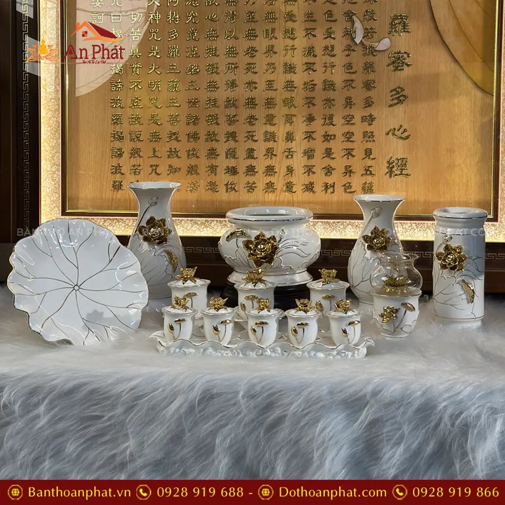 Bộ Đồ Thờ Bạch Ngọc Hoa Sen Dát Vàng Nhập Khẩu BDT012