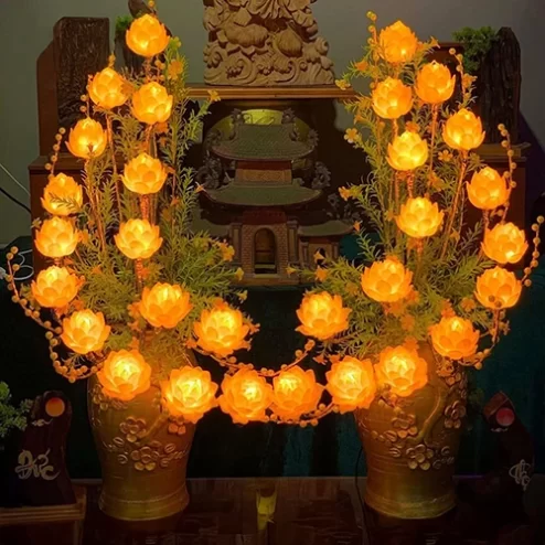 Đèn thờ cúng lưu ly 15 bông hoa sen DT993