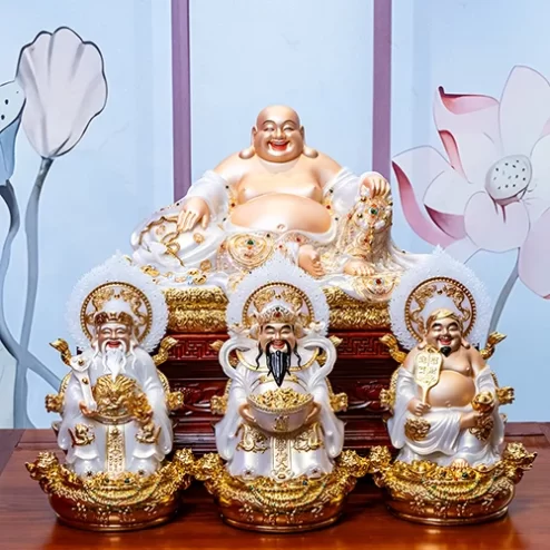 Bộ 4 Tượng Thần Tài Quan Lộc Song Long Ngọc Thạch Phủ Đồng Dát Vàng T2772