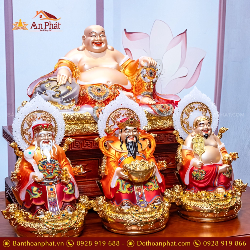 Bộ 4 Tượng Thần Tài Song Long Ngọc Thạch Phủ Đồng Dát Vàng T2783 21 Bộ Tượng Tứ Phúc Thần Tài Đài Loan Cao cấp