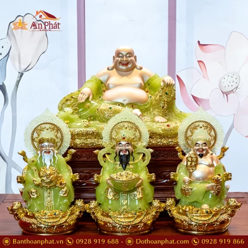 Bộ 4 Tượng Thần Tài Song Long Ngọc Thạch Phủ Đồng Dát Vàng T2787