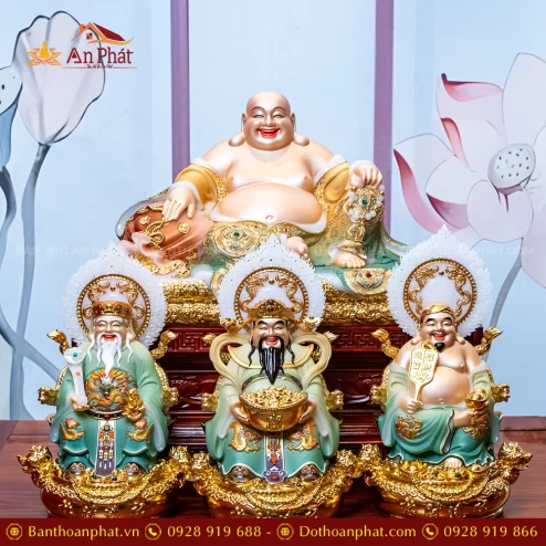Bộ 4 Tượng Thần Tài Song Long Ngọc Thạch Phủ Đồng Dát Vàng T2795