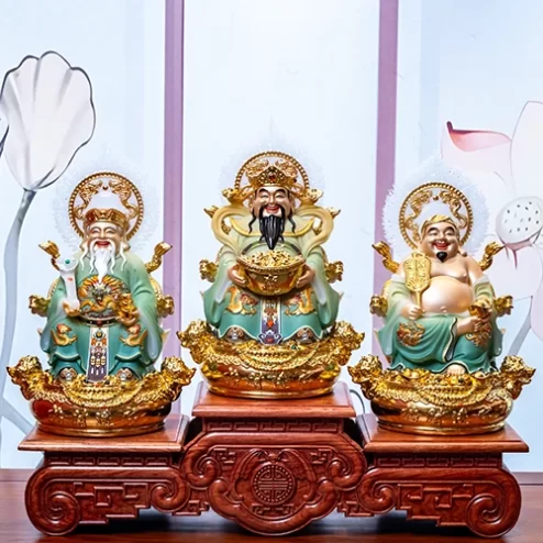 Bộ Tượng 3 Ông Thần Tài Song Long Ngọc Thạch Phủ Đồng Dát Vàng T2794