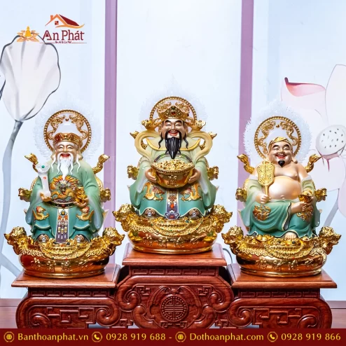 Bộ Tượng 3 Ông Thần Tài Song Long Ngọc Thạch Phủ Đồng Dát Vàng T2794
