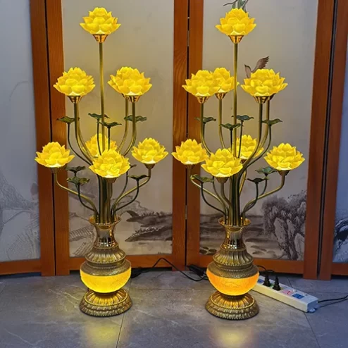 Đèn bàn thờ thân mạ vàng bông nở DTD1404