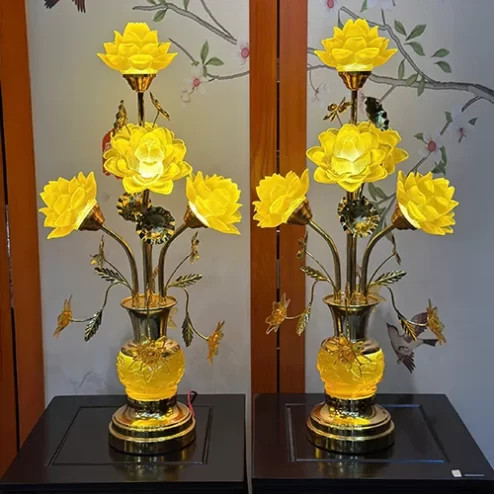 Đèn thờ điện bông nở thân mạ vàng DTD1409
