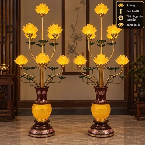 Đèn thờ điện hoa sen thân hoa văn gấm DTD1342