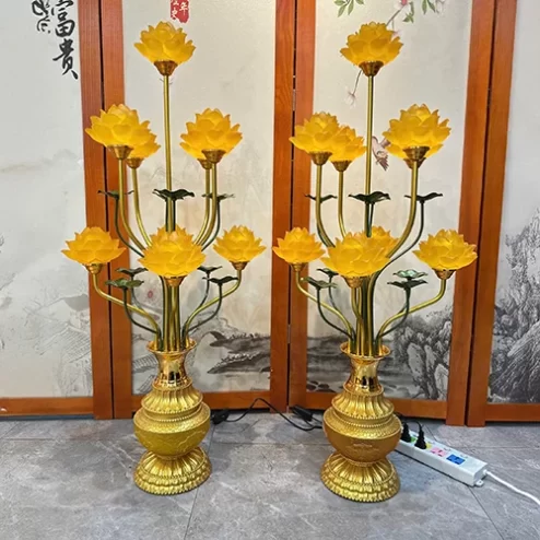 Đèn thờ hoa sen thân cao bình vàng cao cấp DTD1406