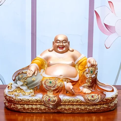 Tượng Di Lặc Song Long Ngọc Thạch Phủ Đồng Dát Vàng T2774