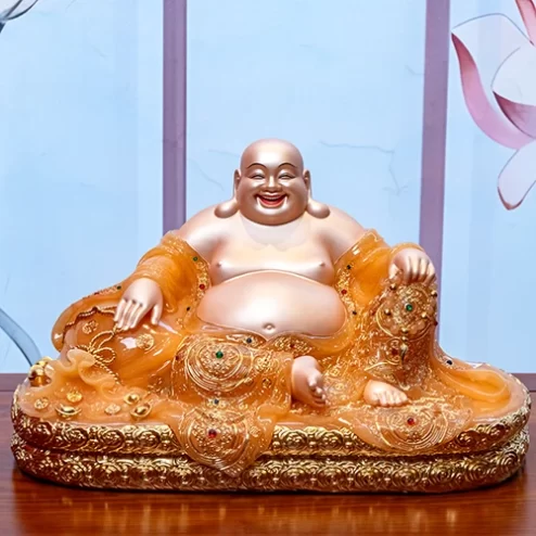 Tượng Di Lặc Song Long Ngọc Thạch Phủ Đồng Dát Vàng T2789