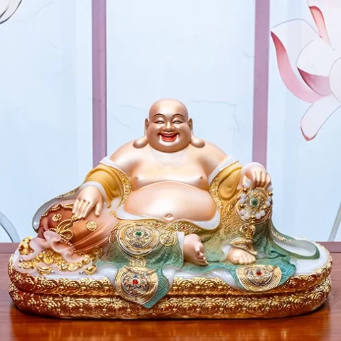 Tượng Di Lặc Song Long Ngọc Thạch Phủ Đồng Dát Vàng T2793