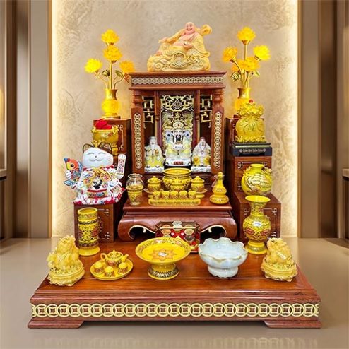 Bàn Thần Tài Cao Cấp Đủ Đồ Thờ Men Gấm Vàng TT-2735
