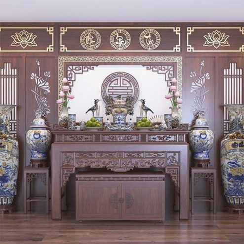 Bàn Thờ Đẹp Hiện Đại Kết Hợp Vách Ốp Phòng Thờ BT-8907