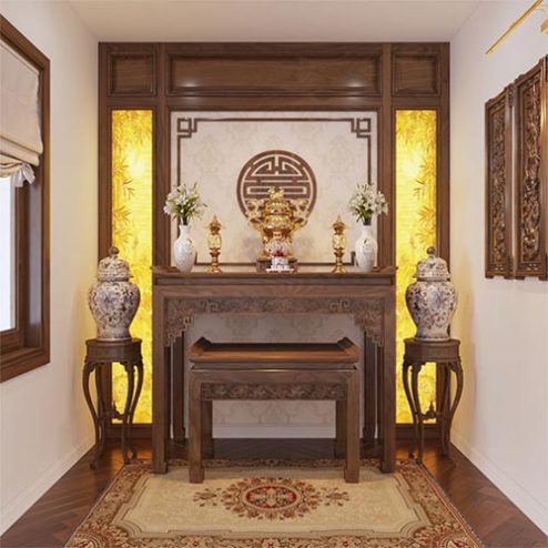 Bàn Thờ Hiện Đại Kết Hợp Vách Ốp Và Tranh Trúc Chỉ BT-8931
