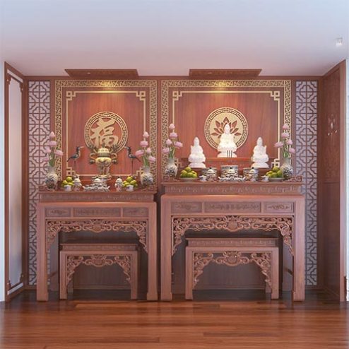 Bàn Thờ Phật Kết Hợp Gia Tiên Gỗ Gõ Đỏ BT-8827