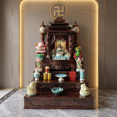 Bàn Thờ Thần Tài 3 Mái Kết Hợp Bệ Tam Cấp Gỗ Sồi Đủ Đồ Thờ TT-2714
