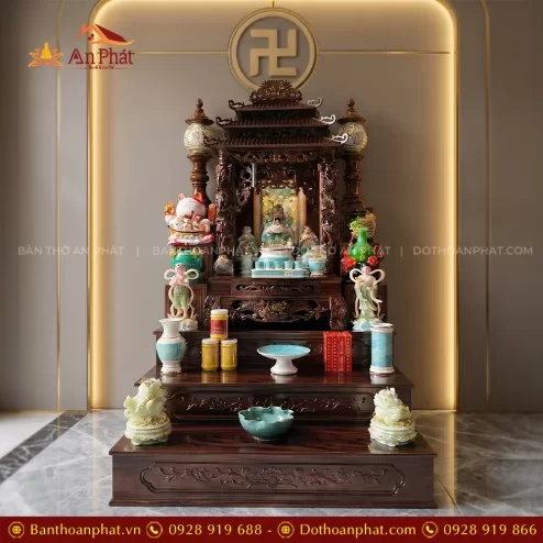 Bàn Thờ Thần Tài 3 Mái Kết Hợp Bệ Tam Cấp Gỗ Sồi Đủ Đồ Thờ TT-2714 3 ban tho than tai 3 mai ket hop be tam cap go soi du do tho tt 271400002