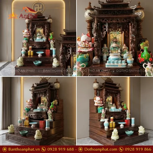 Bàn Thờ Thần Tài 3 Mái Kết Hợp Bệ Tam Cấp Gỗ Sồi Đủ Đồ Thờ TT-2714 4 ban tho than tai 3 mai ket hop be tam cap go soi du do tho tt 271400003
