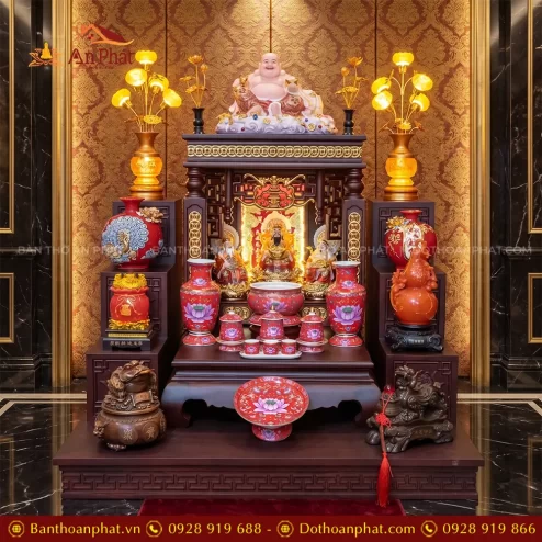 Bàn Thờ Thần Tài Thổ Địa Đẹp Đồ Thờ Gấm Hoa Sen Đỏ Nhập Khẩu TT-2720 5 ban tho than tai tho dia dep do tho gam hoa sen do nhap khau tt 272000005