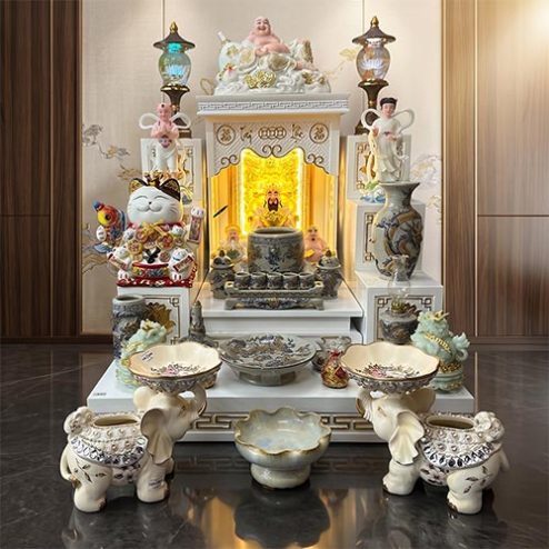 Bàn Thờ Thần Tài Thổ Địa Trắng Mái Bằng Đồ Thờ Men Rạn Bát Tràng TT-2730