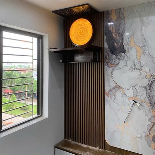 Bàn Thờ Treo Tường Chung Cư Kết Hợp Vách Gỗ Nan Sóng BT-8793