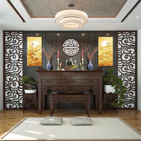Không Gian Thờ Hiện Đại Kết Hợp Tranh Trúc Chỉ BT-8939